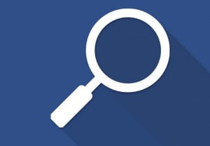 White magnifying glass icon against blue background